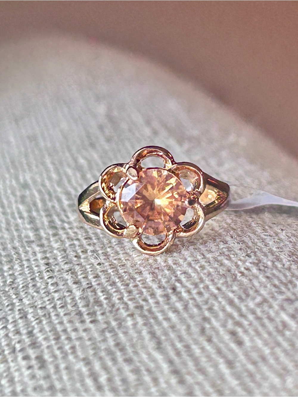 Gold Floral Peach CZ Ring - size 7